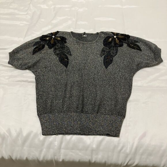 Vintage 80s Beaded Sweater Iridescent Floral Embroidered Party Dolman Sleeve - Picture 1 of 8